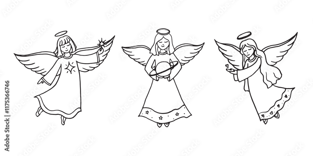 Obraz premium Angels hand drawn linear illustration on isolated white color background in vector format