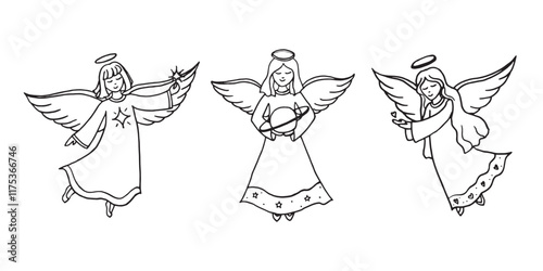 Angels hand drawn linear illustration on isolated white color background in vector format