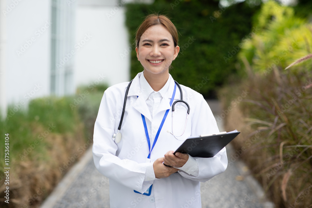 Smiling female doctor holding clipboard outdoors in garden setting Smiling female doctor holding clipboard outdoors in garden setting