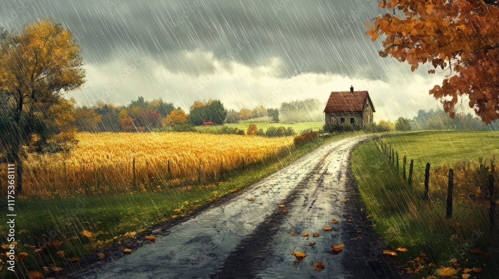 Fototapeta premium Autumnal Farmhouse Under a Rainy Sky