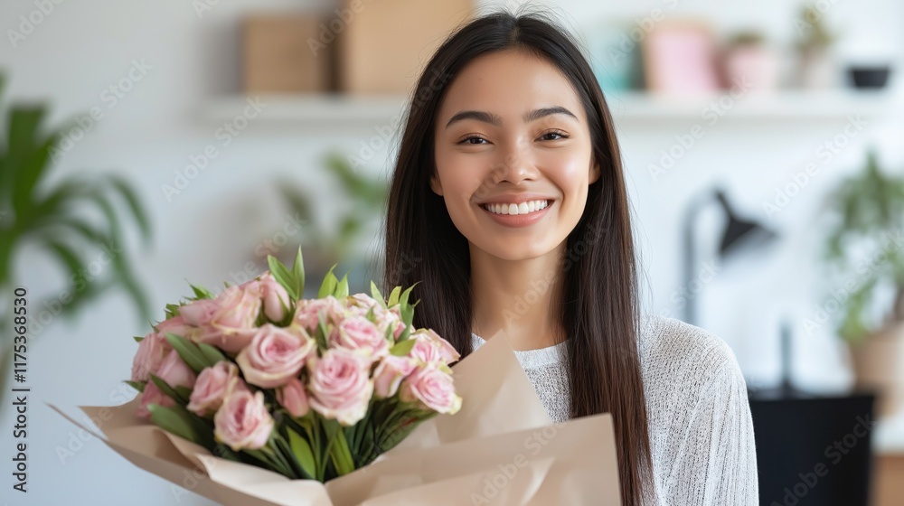In a vibrant office setting, a cheerful young Asian saleswoman beams while presenting a lovely bouquet of pink roses. Her enthusiasm and the lush greenery create a joyful atmosphere In a vibrant office setting, a cheerful young Asian saleswoman beams while presenting a lovely bouquet of pink roses. Her enthusiasm and the lush greenery create a joyful atmosphere