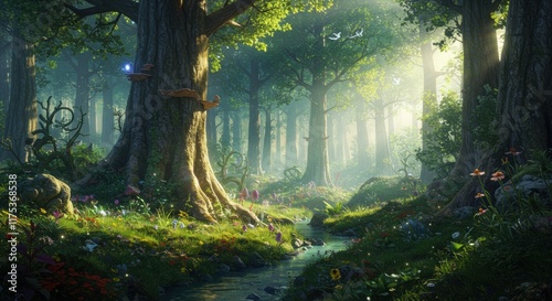 A digitally created image of a mystical forest scene featuring a flowing stream, lush vegetation, vibrant flowers, and enchanting mushrooms photo