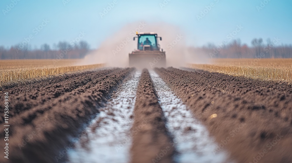 Fototapeta premium Tractor plowing a field under a clear blue sky