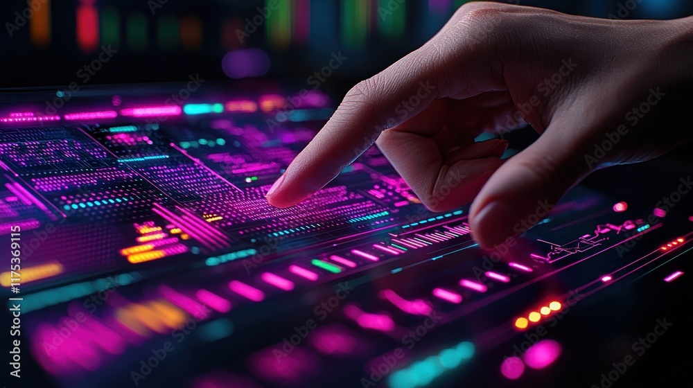A hand interacting with a vibrant, futuristic digital interface displaying data. A hand interacting with a vibrant, futuristic digital interface displaying data.