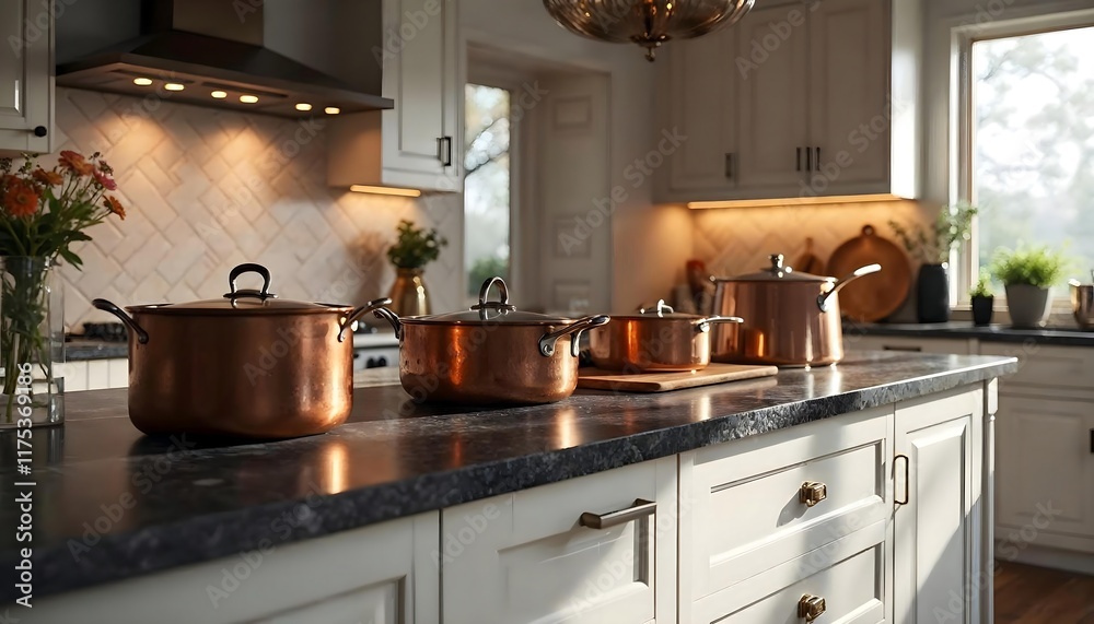 Fototapeta premium Copper Cookware Gleams in Sunlit Kitchen: A Warm, Rustic Scene