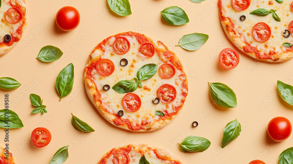 Italian style pizzas arranged with fresh basil and cherry tomatoes on a light background Italian style pizzas arranged with fresh basil and cherry tomatoes on a light background
