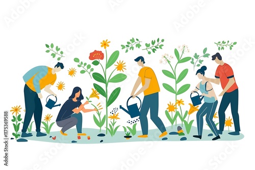 Gardening concept with people watering plants.