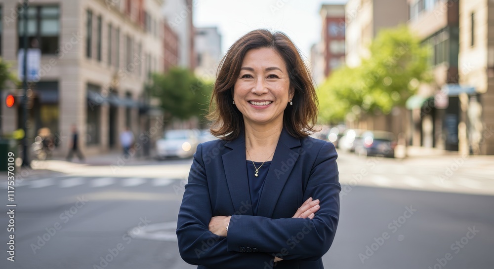 A cheerful woman standing confidently in an urban setting with her arms crossed A cheerful woman standing confidently in an urban setting with her arms crossed