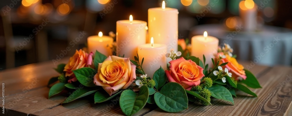 Beautiful floral wreath centerpiece with candles and greenery, wedding decor, garden party Beautiful floral wreath centerpiece with candles and greenery, wedding decor, garden party