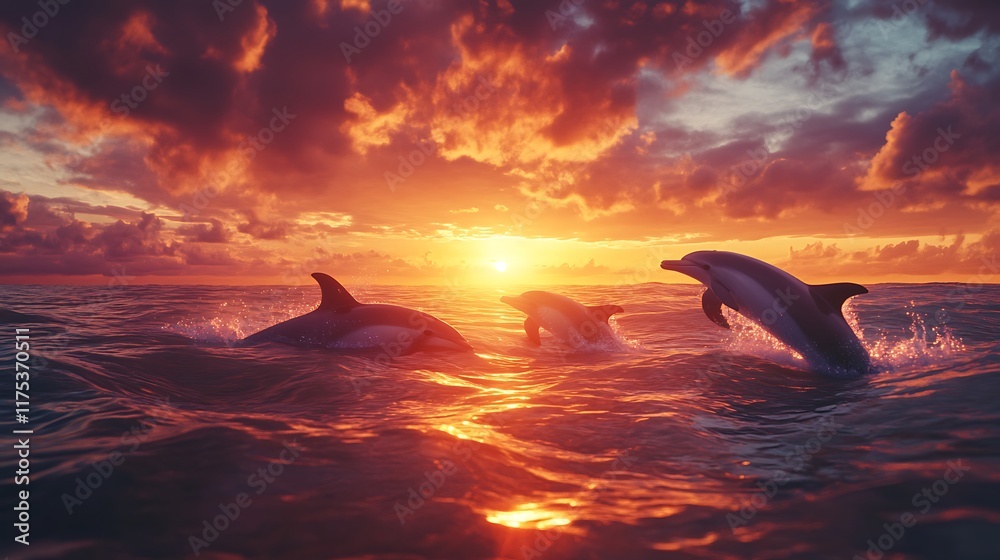 Fototapeta premium Three Dolphins Leap at Sunset: A Breathtaking Ocean Scene