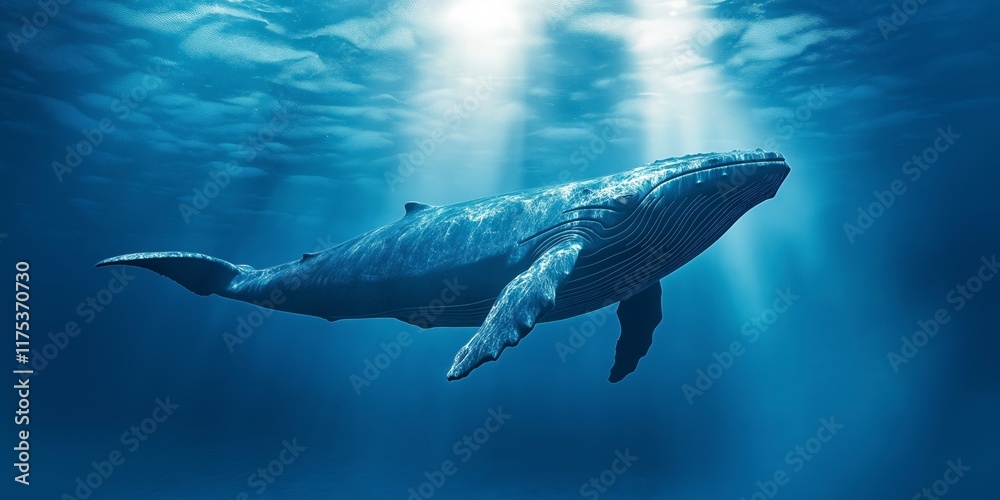 Fototapeta premium Majestic Whale Swimming Gracefully Beneath Crystal Clear Ocean Waters Surrounded by Lush Underwater Flora Creating a Serene Aquatic Scene