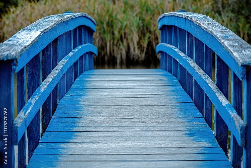 Obraz premium Wooden Bridge Pathway Leads to Tranquil Nature Scene, Blue Painted Wood Beams Arching Over Calm Water, Serene Outdoors Escape
