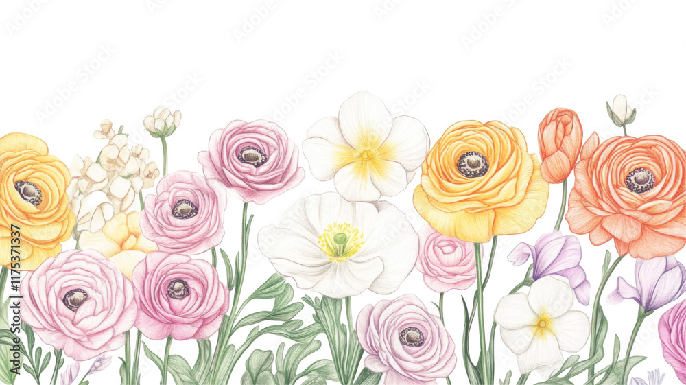 Colorful spring flowers pencil drawing on transparent background Colorful spring flowers pencil drawing on transparent background