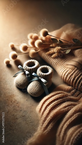 A heartwarming concept image for a newborn baby featuring a tiny pair of baby booties. photo