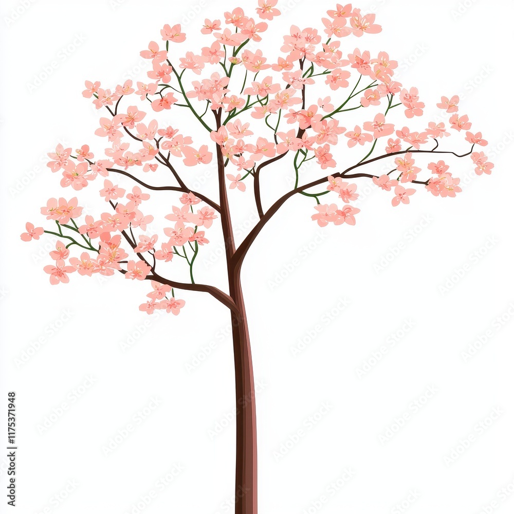 Obraz premium A peach blossom tree clipart, floral element, hand-painted illustration, pink and green, isolated on white background