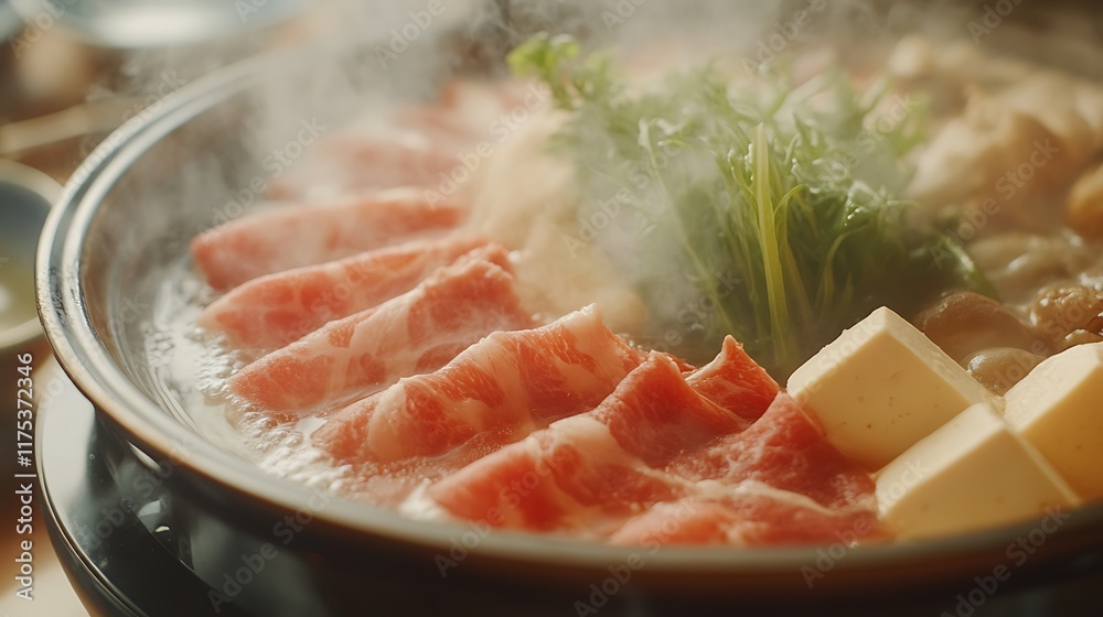 Steaming Hot Pot With Thinly Sliced Meat Tofu And Greens Steaming Hot Pot With Thinly Sliced Meat Tofu And Greens
