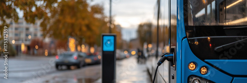 A modern electric bus is seen charging at a bus stop amid an autumn setting, illustrating eco-friendly transportation and sustainability in a busy urban environment.