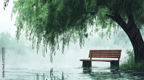 A lonely bench sits under a weeping willow tree in the rain