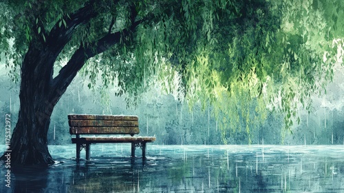 Lonely Bench Under Weeping Willow Tree In Rain