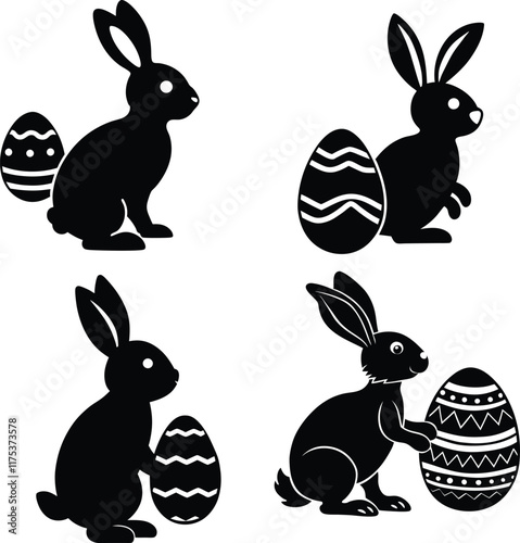 Rabbits with decorated Easter eggs vector,illustration,silhouette,line art. easter day element bundle