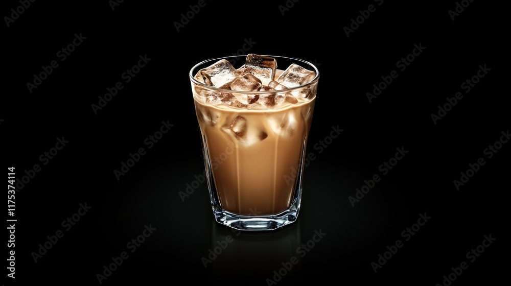 Iced coffee in a clear glass with ice cubes, positioned against a minimalistic black background for a modern and elegant look. Iced coffee in a clear glass with ice cubes, positioned against a minimalistic black background for a modern and elegant look.