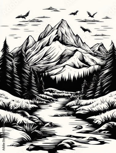 Majestic Mountain River - Serene mountain landscape, flowing river, dark forest, soaring birds, snow-capped peaks. Symbolizes peace, adventure, nature, freedom, exploration.