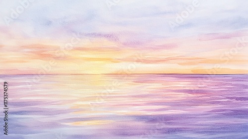 Pastel Sunset over Calm Ocean: A Watercolor Painting