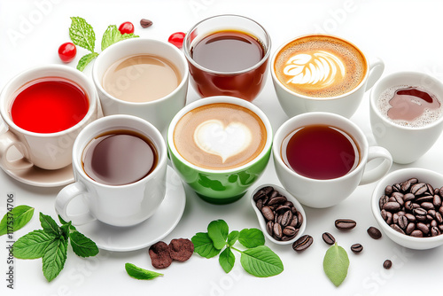 A mix of modern and classic cups filled with hot coffee and tea, isolated on a white background, clipping path included, vibrant tones, sharp details, and full depth of field