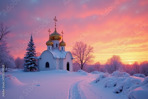 Serene Winter Sunset Over Snowy Russian Orthodox Church, Capturing Tranquility and Spiritual Beauty photo