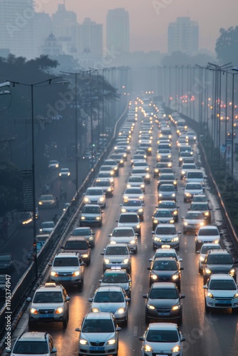 A traffic jam in a city featuring countless vehicles emitting exhaust Emphasize the haze and pollution over the cityscape to illustrate the impact of transportation on emissions