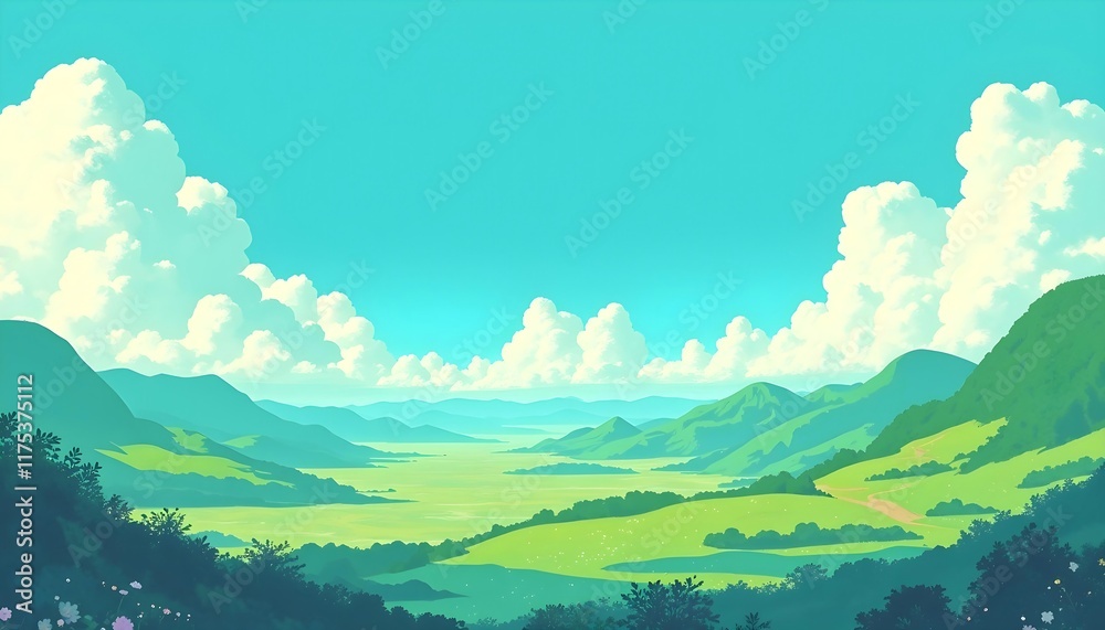 Fototapeta premium Serene Green Valley Landscape: A Vibrant Summer Day in Impressionistic Style
