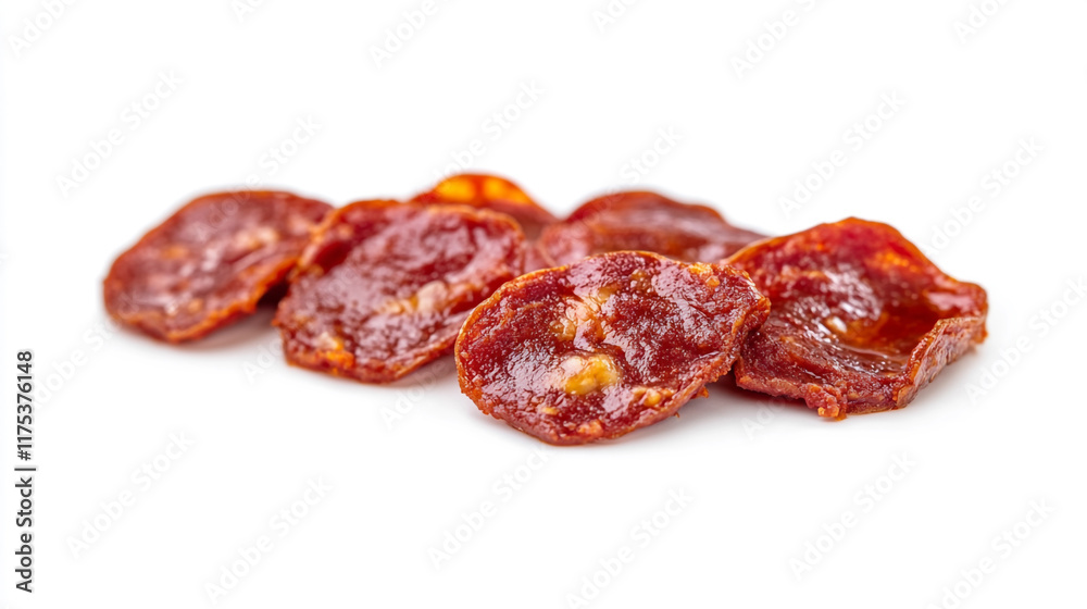 Slices of cured sausage displayed on a white background for culinary purposes Slices of cured sausage displayed on a white background for culinary purposes