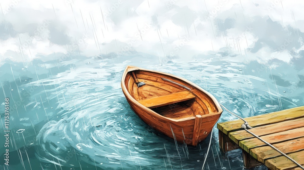 Obraz premium Wooden Rowboat Moored at a Dock in the Rain