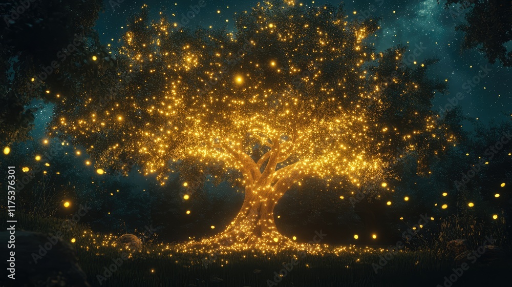 Obraz premium an image of a tree lit up at night with stars in the sky above it