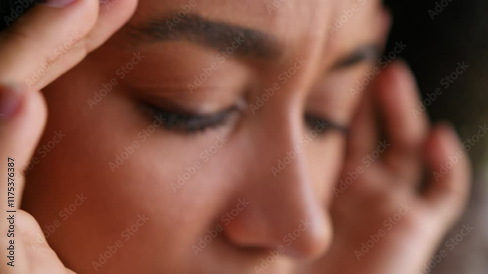 Close up African American woman face female girl businesswoman massage temples head pain ache ill migraine suffering medicine headache health symptom hangover pressure portrait outdoor sick business Close up African American woman face female girl businesswoman massage temples head pain ache ill migraine suffering medicine headache health symptom hangover pressure portrait outdoor sick business