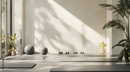 Minimalist gym interior with yoga mats, exercise balls, and a serene corner for stretching or cool-down exercises.