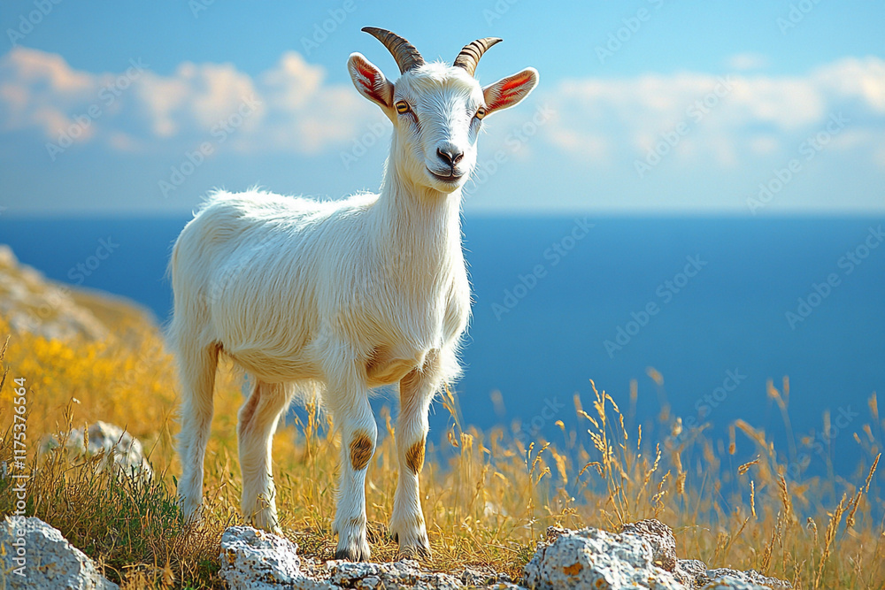 Obraz premium A Young White Goat Stands On A Cliffside