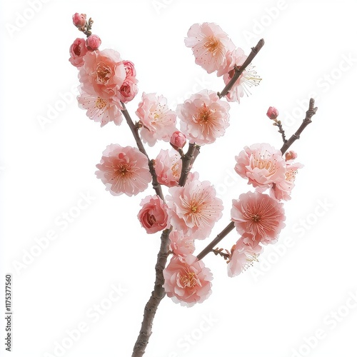 A plum blossom branch clipart, floral element, pastel illustration, pink and brown, isolated on white background photo