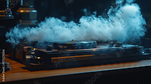 A smoky turntable spins vinyl in dim light. Perfect for music, nightlife, or vintage-themed projects. photo