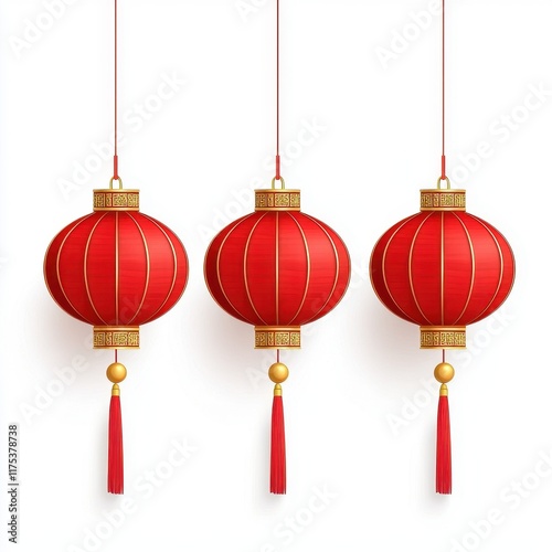 a hanging lantern set clipart, Lunar New Year decor, watercolor style, red and gold, isolated on white background photo