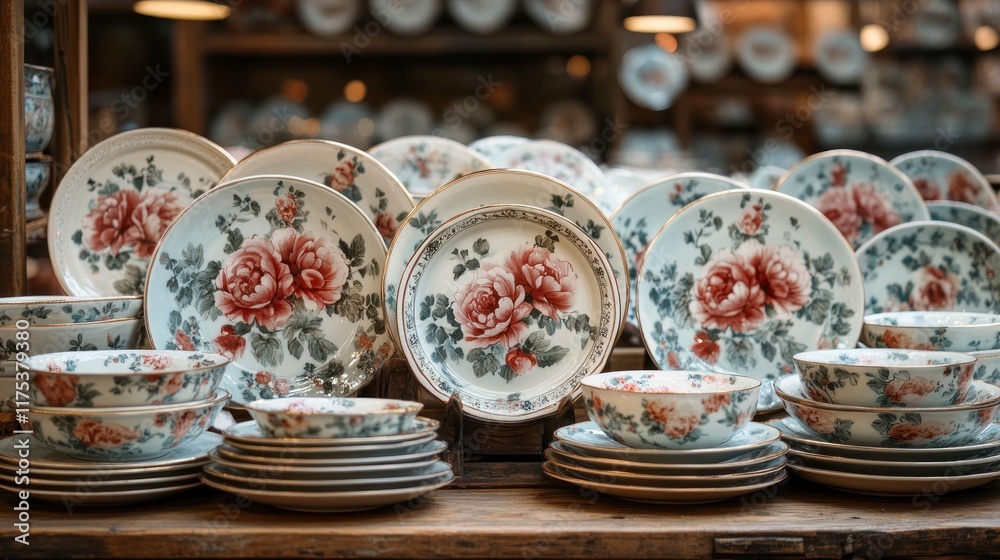 Fototapeta premium Floral patterned porcelain plates and bowls displayed on wooden surface.