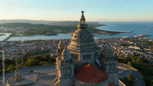 Basilica Santa Luzia at Sunrise. Viana do Castelo City, Portugal. Aerial View. Orbiting