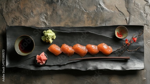 Traditional Japanese salmon sashimi beautifully laid out on a black ceramic platter, accented with fresh wasabi and soy sauce.