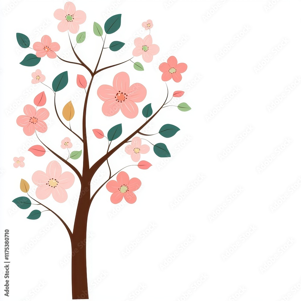 A peach blossom tree clipart, floral element, hand-painted illustration, pink and green, isolated on white background A peach blossom tree clipart, floral element, hand-painted illustration, pink and green, isolated on white background