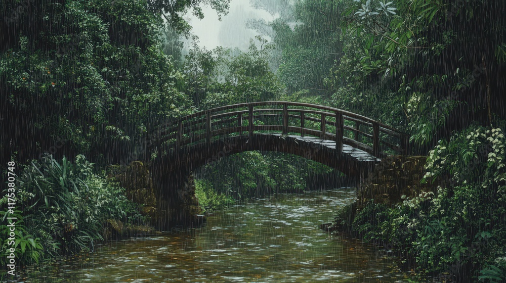 Wooden Bridge Over Lush Stream During Rainfall Wooden Bridge Over Lush Stream During Rainfall