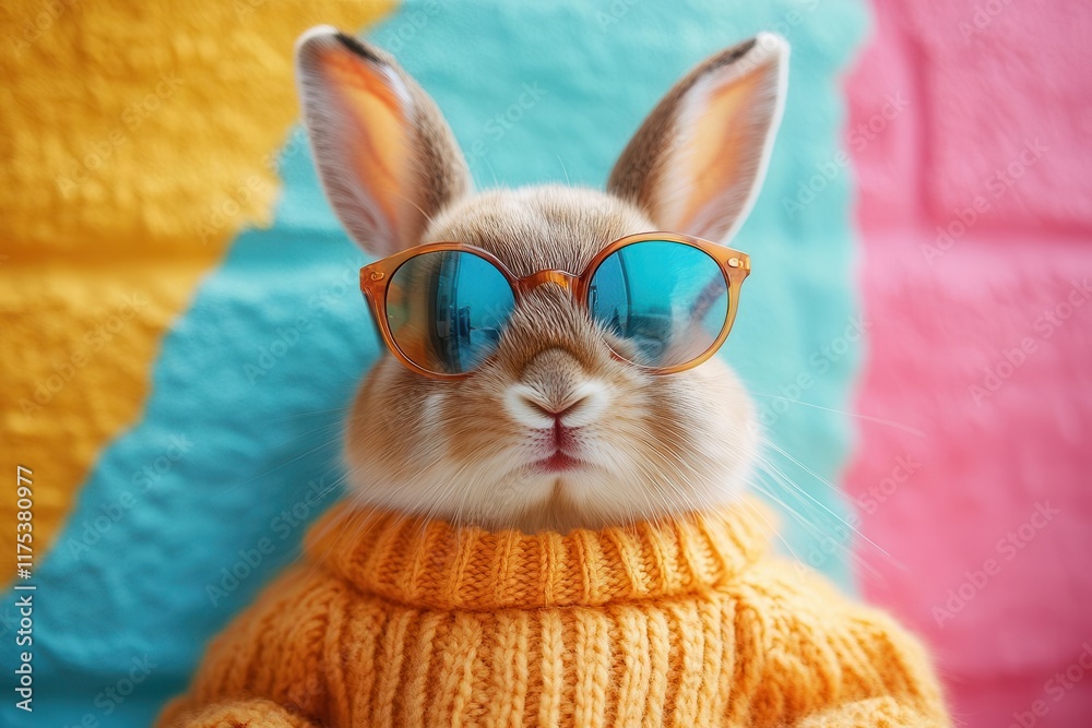 cool bunny with stylish sunglasses lounges against a vibrant background exuding a fun and playful vibe the colorful setting enhances the whimsical character appealing to all ages