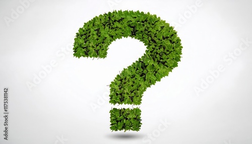 Eco-Friendly Question Mark Symbol Made of Lush Green Leaves on White Background Representing Sustainability, Nature, and Environmental Awareness

 photo