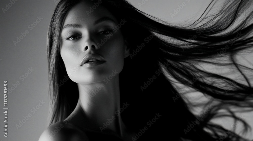 Naklejka premium Monochromatic Elegance: A Black and White Portrait of a Woman with Flowing Hair