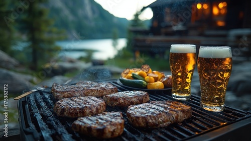 Fototapeta Naklejka Na Ścianę i Meble -  Grilled steaks, beer, and vegetables on a grill with a mountain lake view.