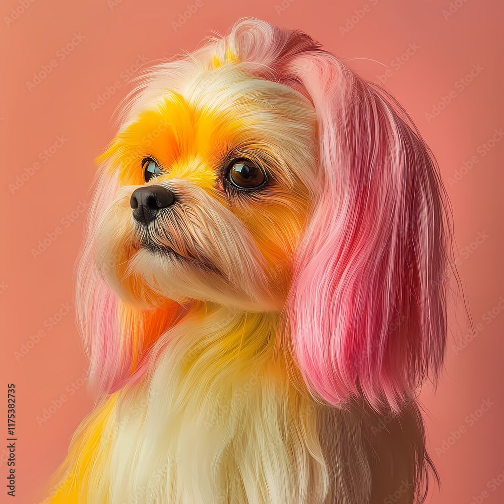 Naklejka premium Dog with colorful fur and expressive eyes poses against a bright pink background. Generative AI